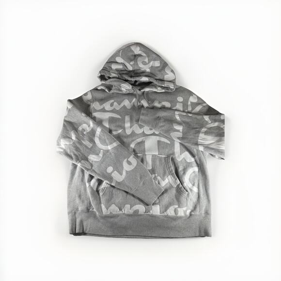 Champion Sweatshirt Mens Large Gray Reverse Weave All Over Print Pullover Hoodie - Picture 1 of 10